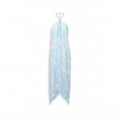 PUCCI BLUE MARMO ASYMMETRIC SILK TWILL MIDI DRESS 